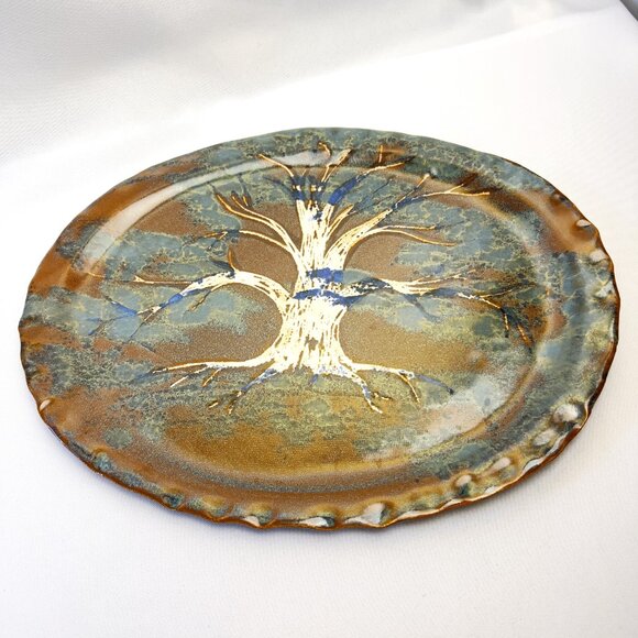 Handcrafted Studio Pottery Tree Plate Earthy Brown and Teal Glaze Art 13” long - Picture 3 of 7